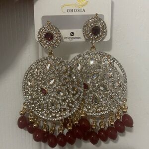 Gold and Red Dangle Earrings/ Jhumkas